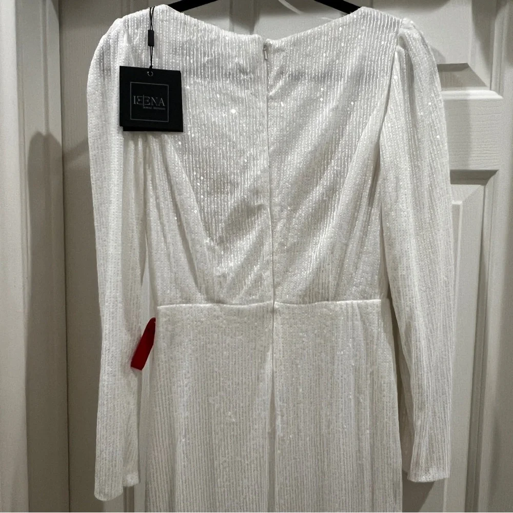 Mac Duggal Ieena White Sequined Faux Wrap Long Sleeve Gown Size 4 - Picture 6 of 16